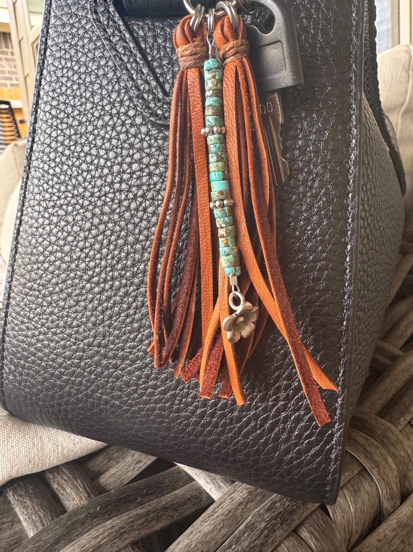 Turquoise and leather purse tassel / keychain handbag tassel