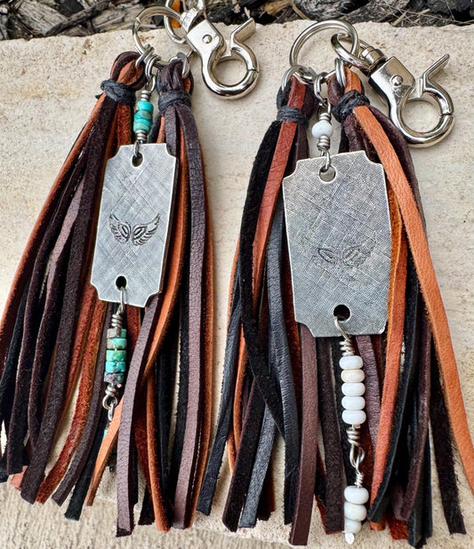 Turquoise and leather purse tassel / keychain handbag tassel / white turquoise or blue turquoise