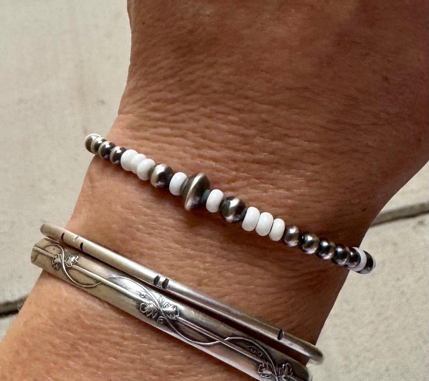 Navajo pearl, white turquoise gemstone bracelet / sterling silver beaded gemstone bracelet