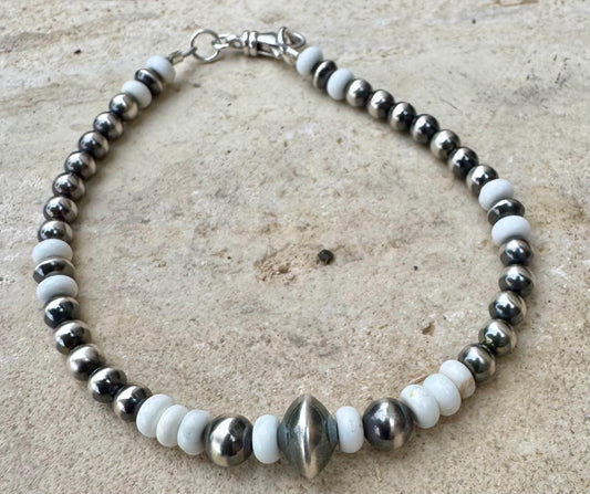 Navajo pearl, white turquoise gemstone bracelet / sterling silver beaded gemstone bracelet