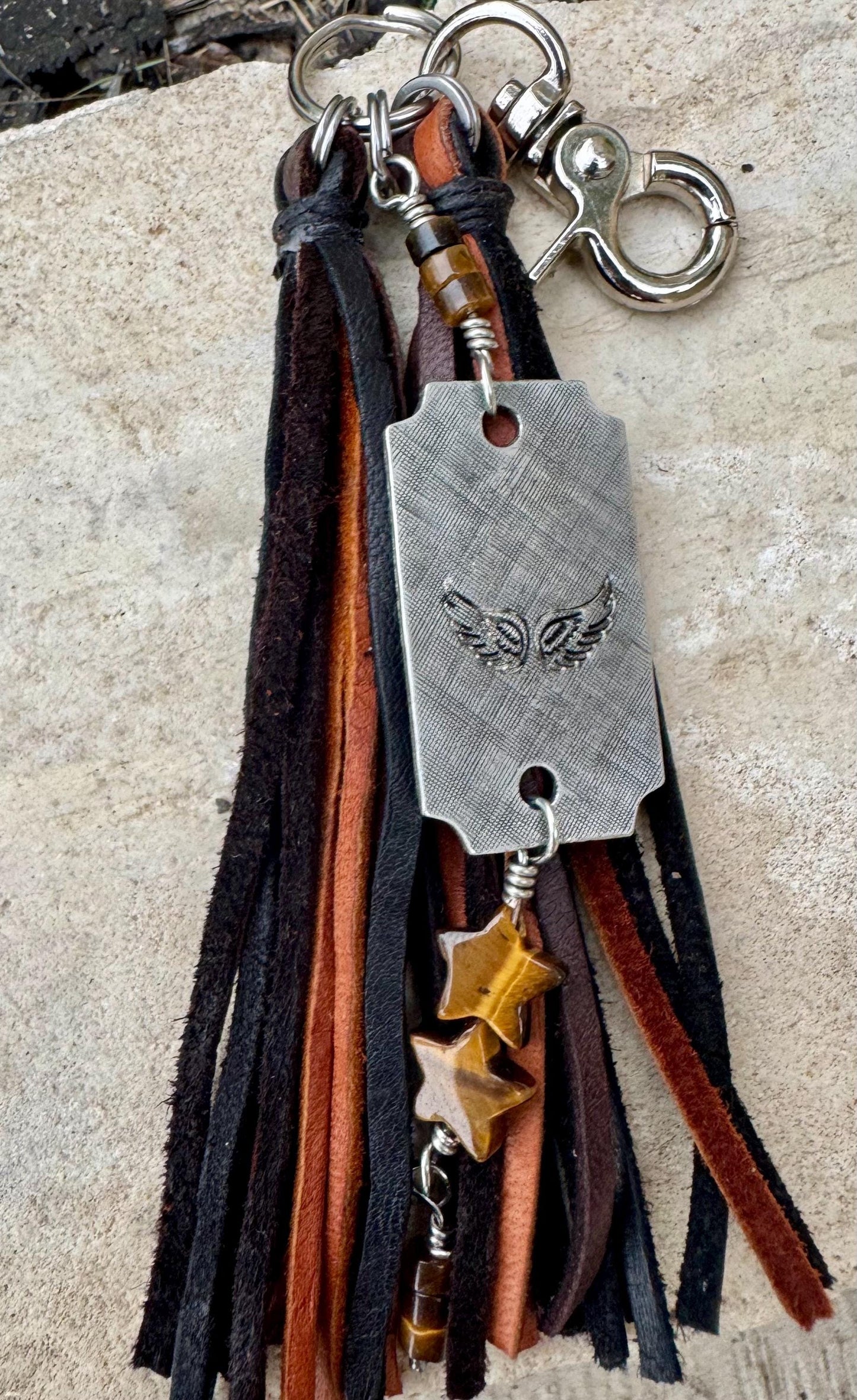 Turquoise and leather purse tassel / keychain handbag tassel / star and heart gemstone tassel