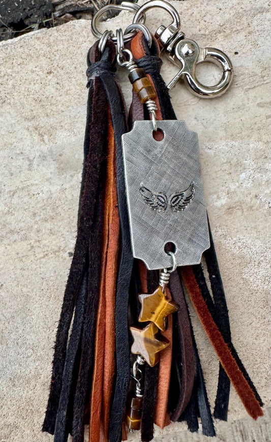 Turquoise and leather purse tassel / keychain handbag tassel / star and heart gemstone tassel