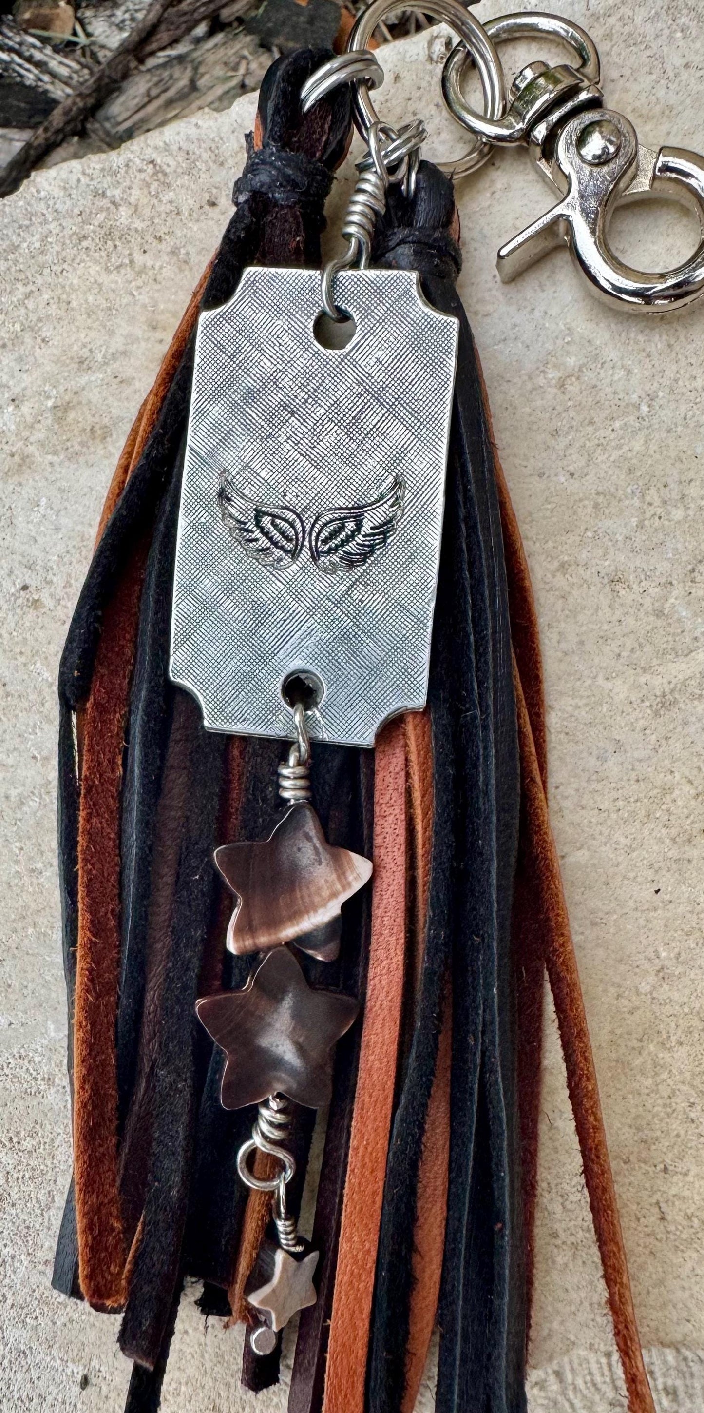 Turquoise and leather purse tassel / keychain handbag tassel / star and heart gemstone tassel