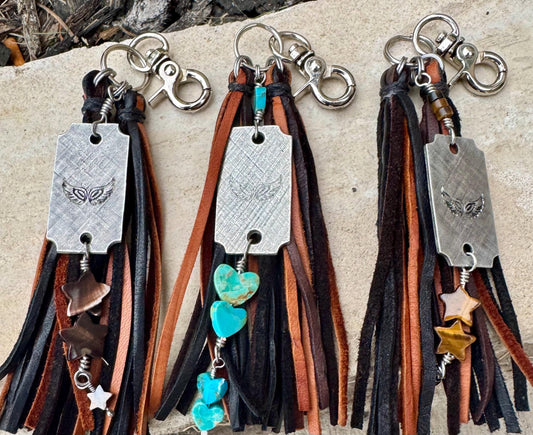 Turquoise and leather purse tassel / keychain handbag tassel / star and heart gemstone tassel