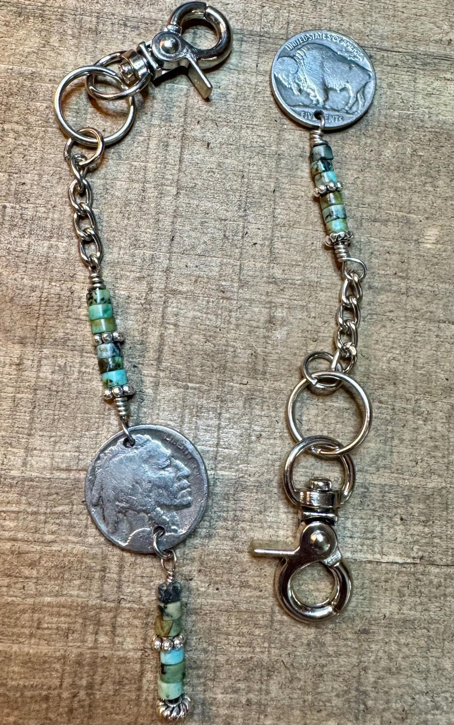Indian head buffalo nickel keychain with African jasper turquoise gemstone