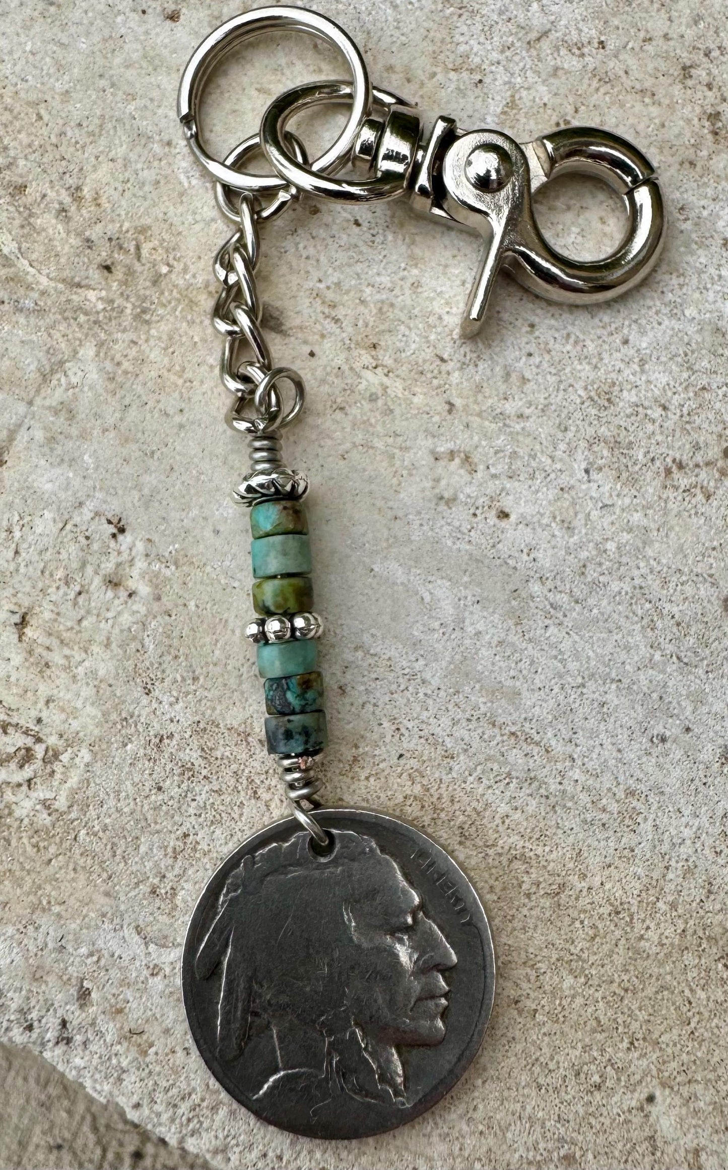 Indian head buffalo nickel keychain with African jasper turquoise gemstone