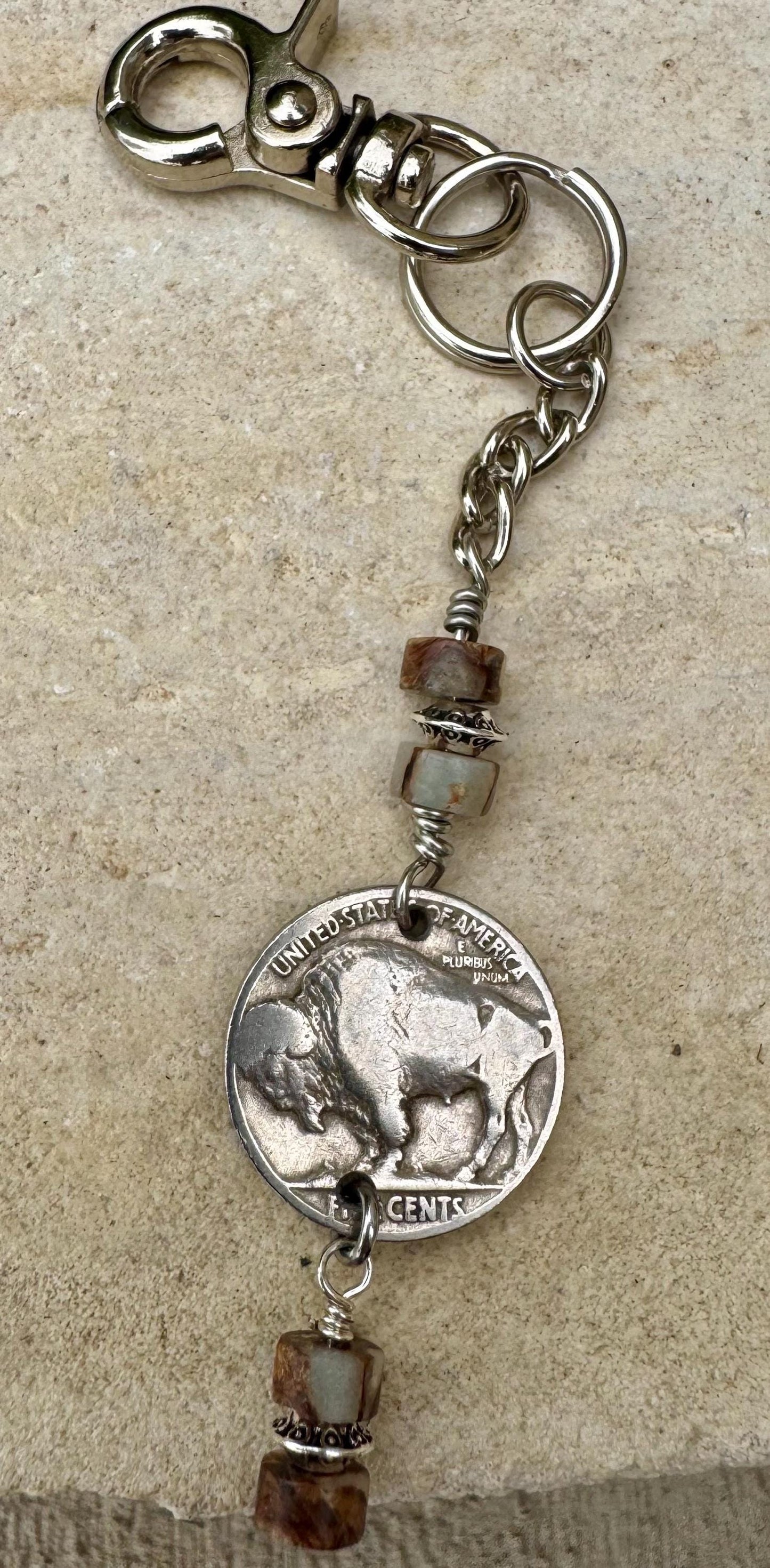 Indian head buffalo nickel keychain with Impression Jasper gemstone