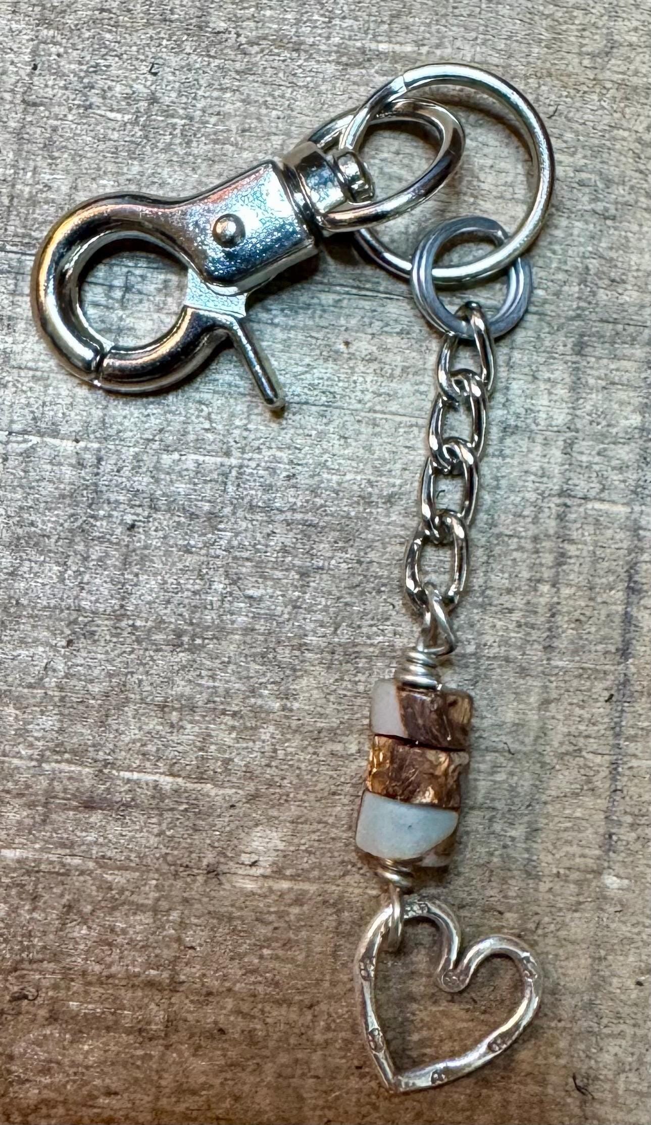 Keychain with impression jasper and sterling silver heart charm