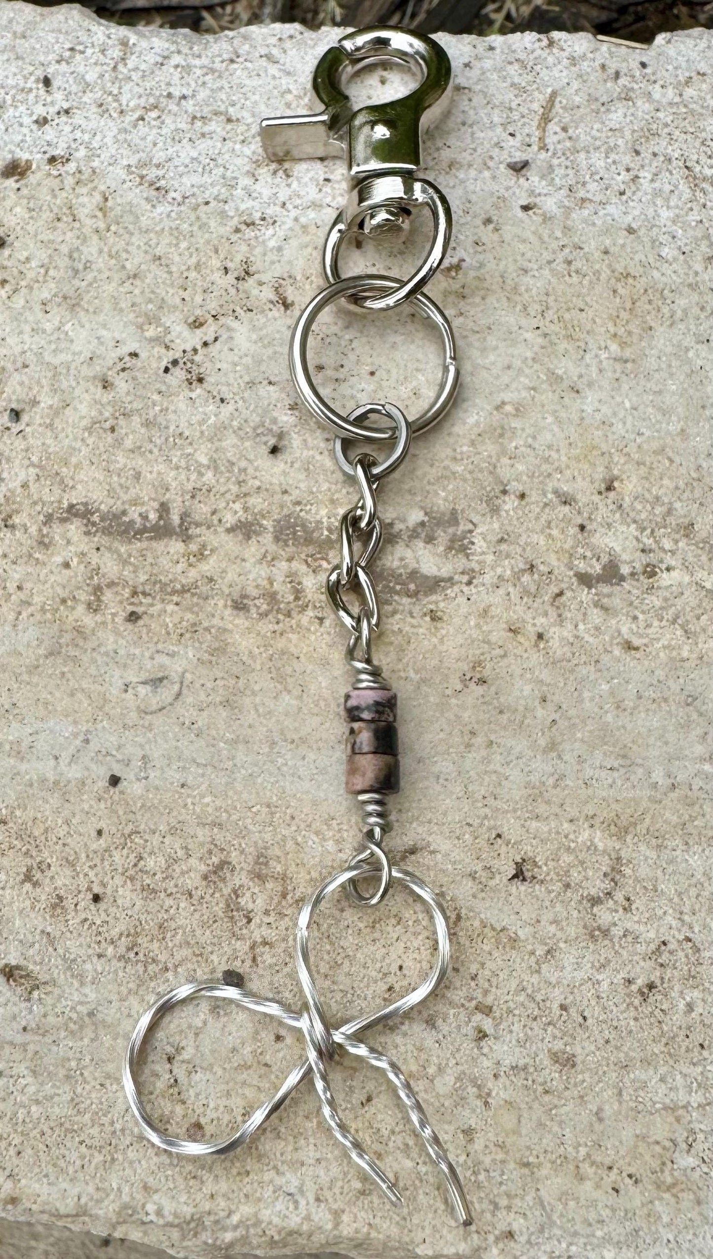 Keychain with black pink rhodonite gemstones and sterling silver bow