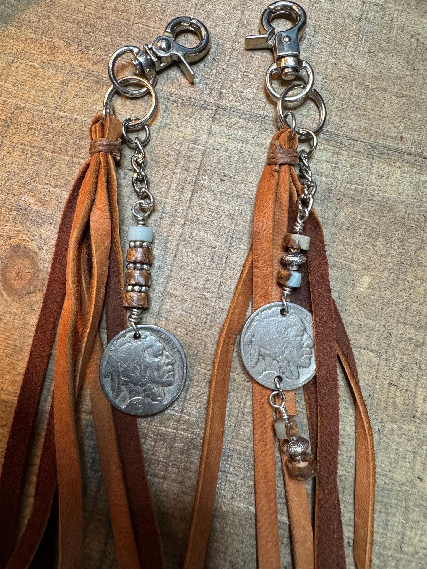 Leather purse tassel Indian head buffalo nickel keychain with Impression Jasper gemstone