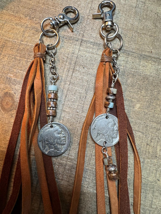 Leather purse tassel Indian head buffalo nickel keychain with Impression Jasper gemstone