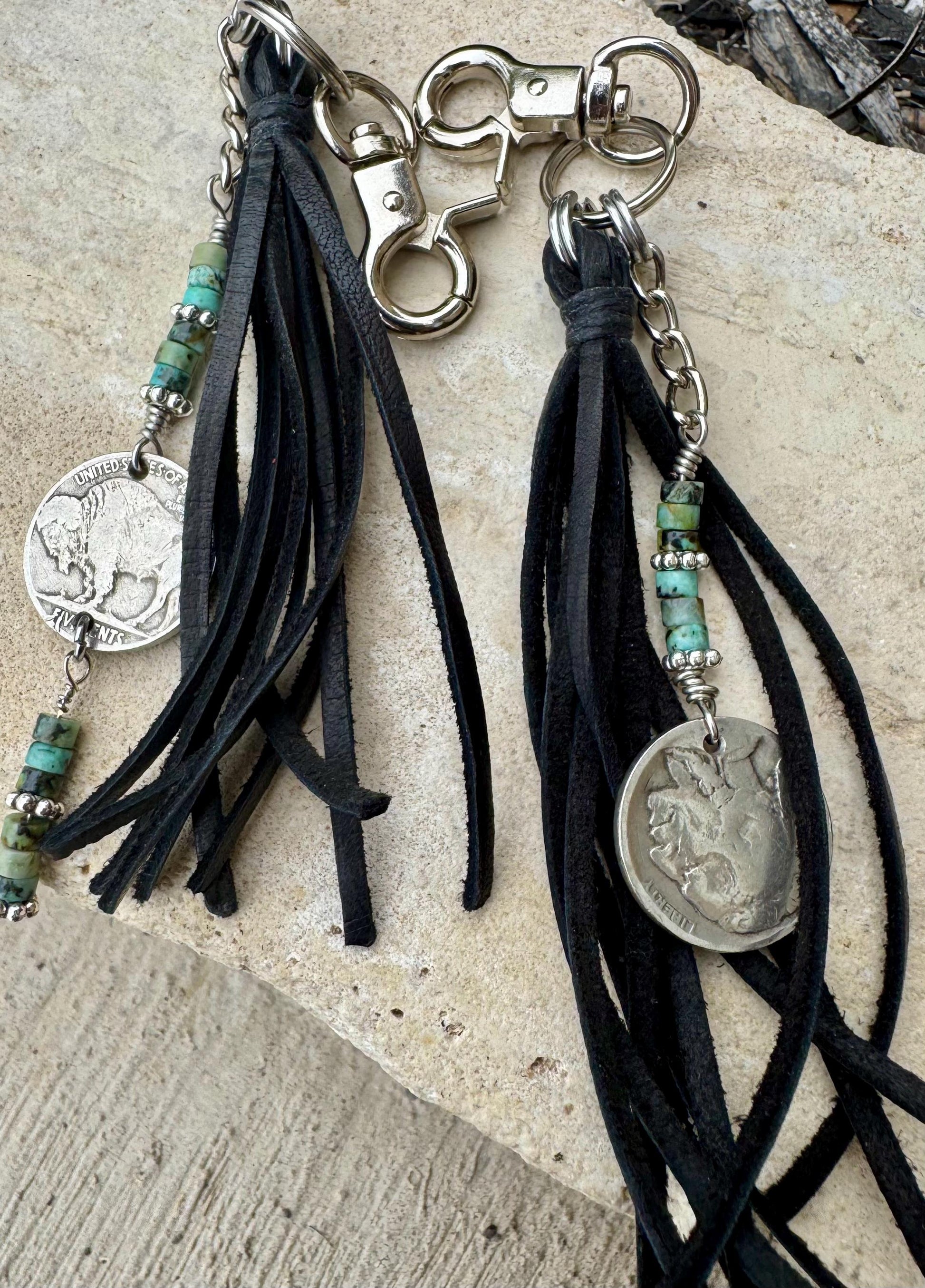 Indian head buffalo nickel leather purse tassel / keychain with African jasper turquoise gemstone