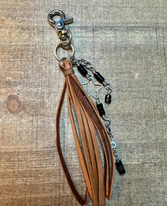 Leather purse tassel with black onyx gemstone / beads and sterling silver star