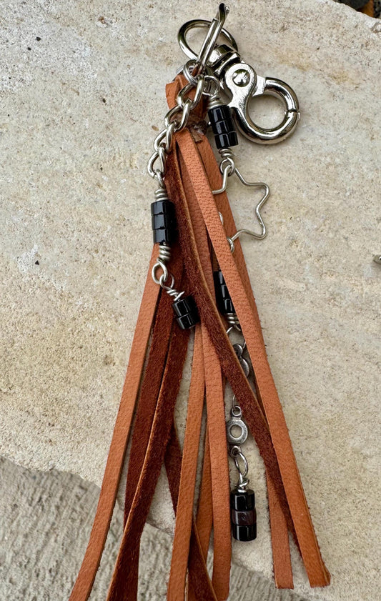 Leather purse tassel with black onyx gemstone / beads and sterling silver star