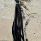 Leather purse tassel with Black pink rhodonite gemstones / beads and sterling silver bow