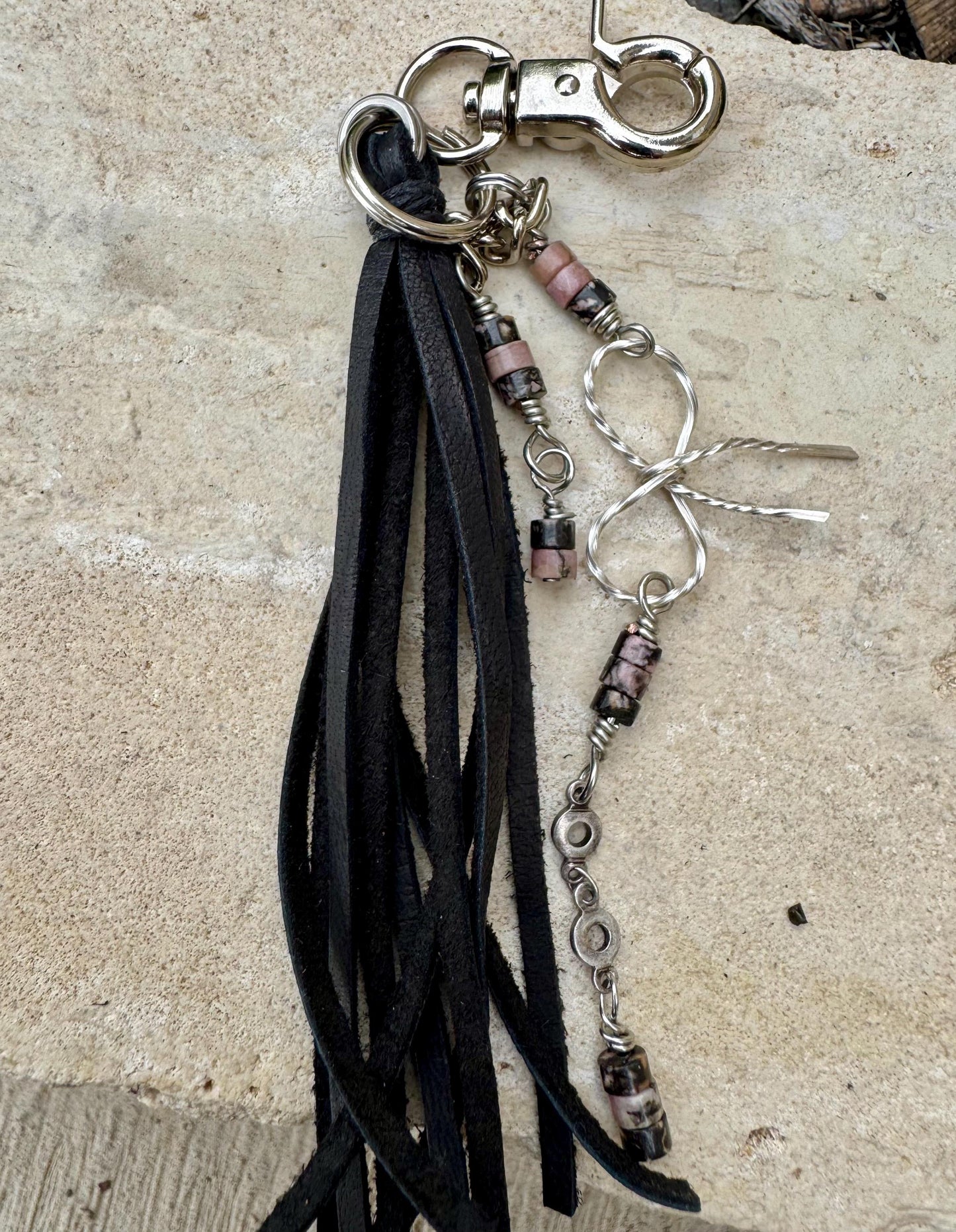 Leather purse tassel with Black pink rhodonite gemstones / beads and sterling silver bow