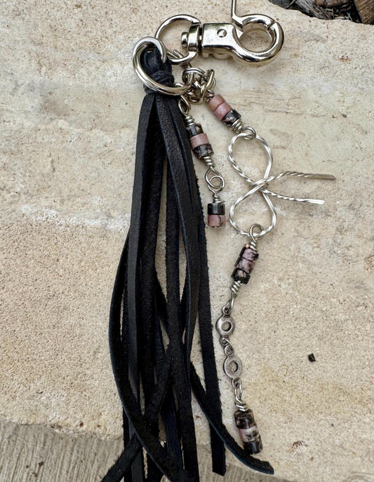 Leather purse tassel with Black pink rhodonite gemstones / beads and sterling silver bow