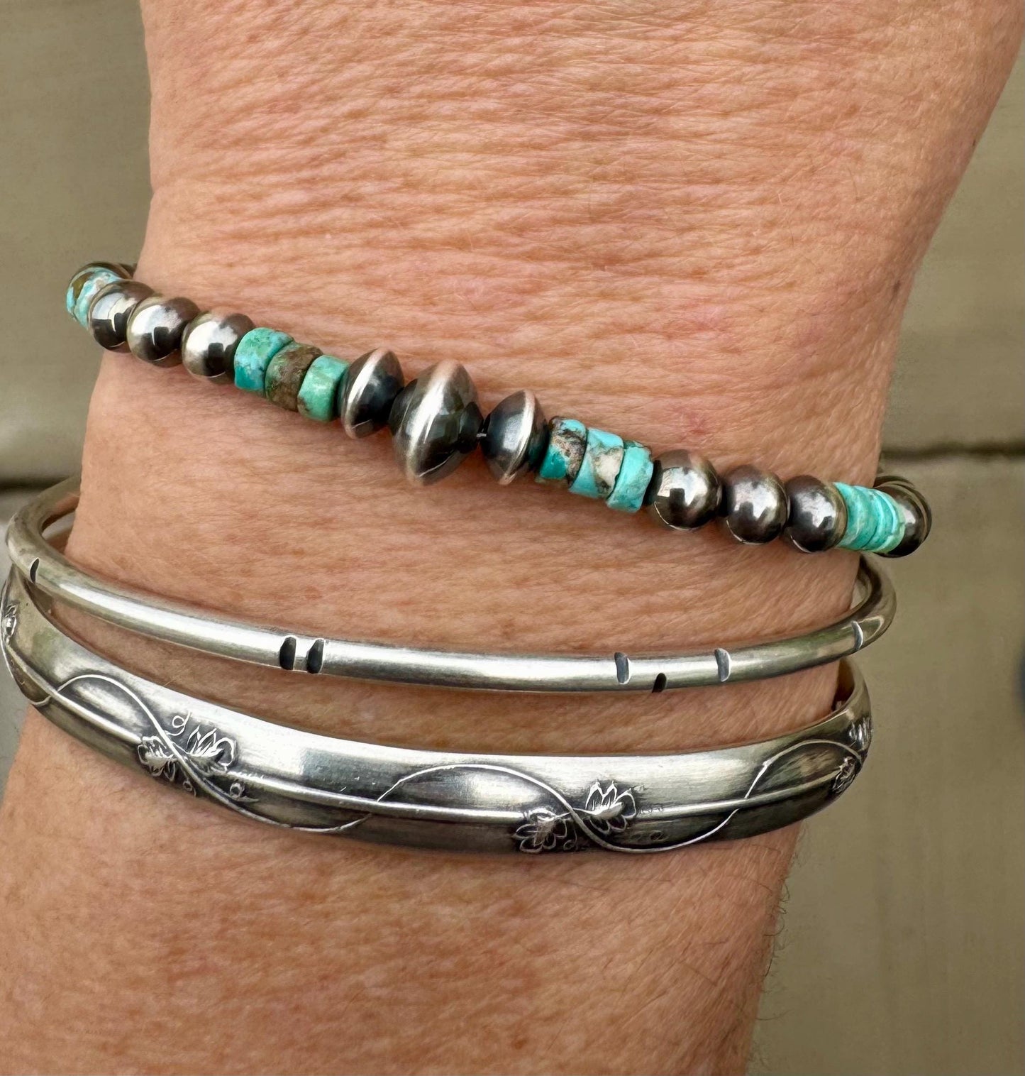 Natural Blue Green Brown Turquoise with Navajo Pearls, Sterling Silver Beaded Jewelry, Gemstone Bracelet, Turquoise Gift
