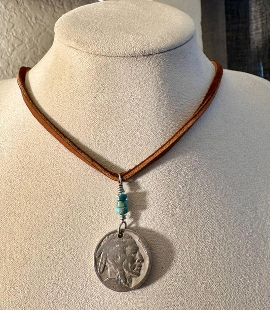 Indian head buffalo nickel on genuine deerskin single leather lace with turquoise gemstone