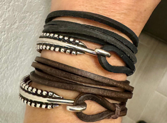 Square leather wrap bracelet with silver cuff, dark brown or black leather