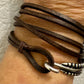 Square leather wrap bracelet with silver cuff, dark brown or black leather