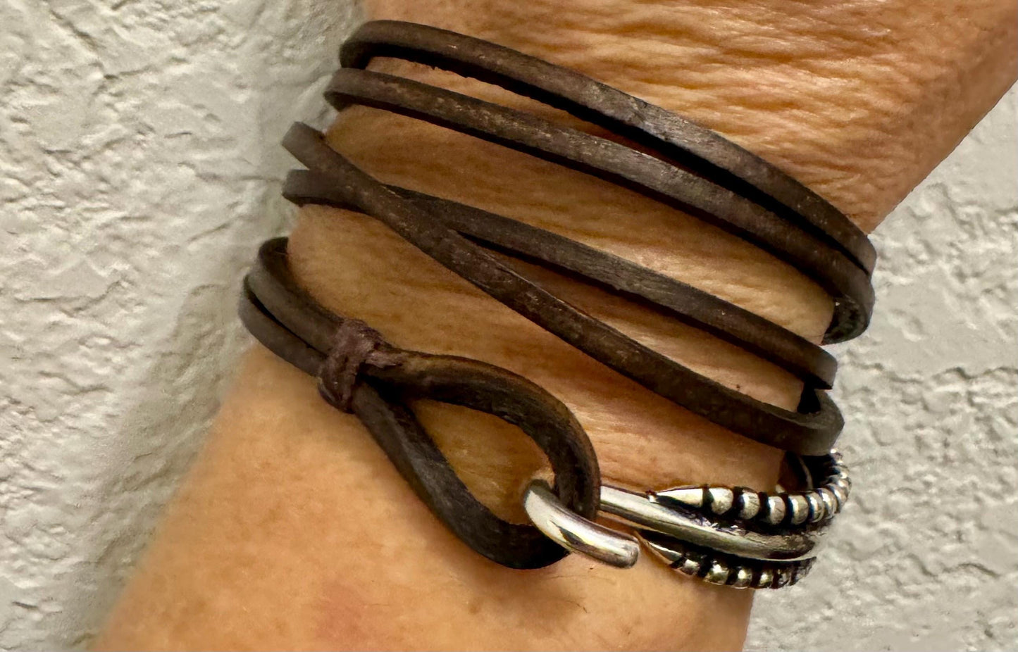 Square leather wrap bracelet with silver cuff, dark brown or black leather