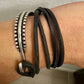Square leather wrap bracelet with silver cuff, dark brown or black leather