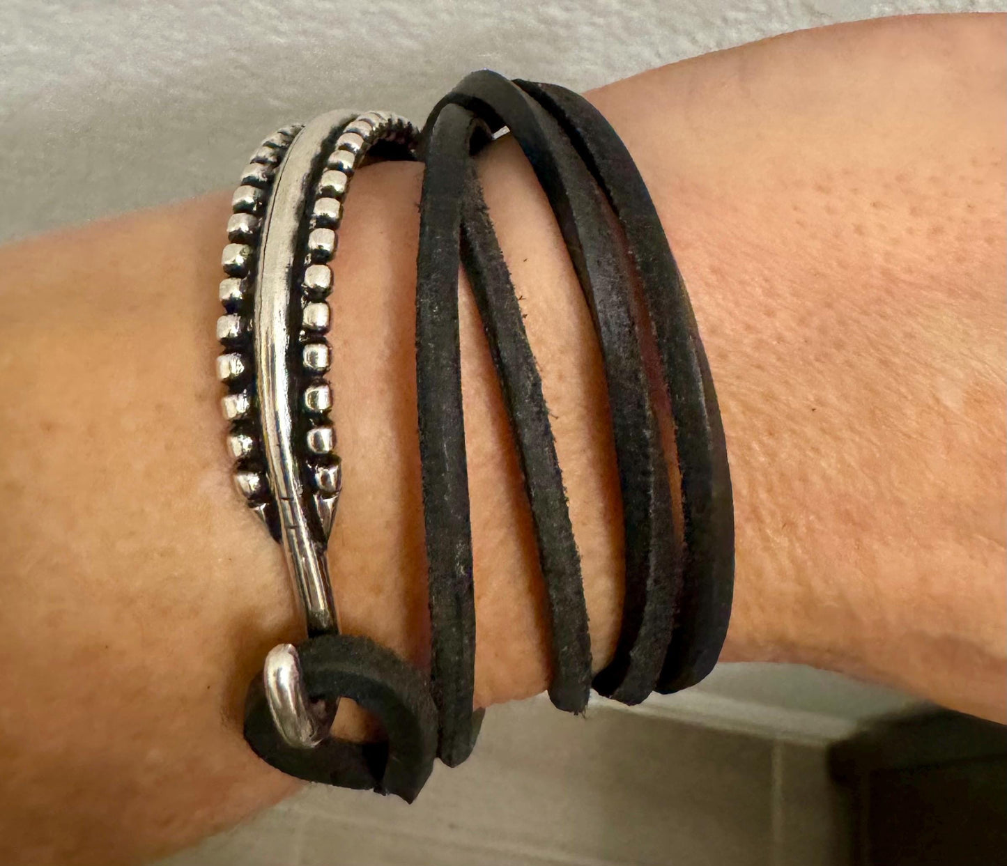 Square leather wrap bracelet with silver cuff, dark brown or black leather