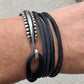 Square leather wrap bracelet with silver cuff, dark brown or black leather