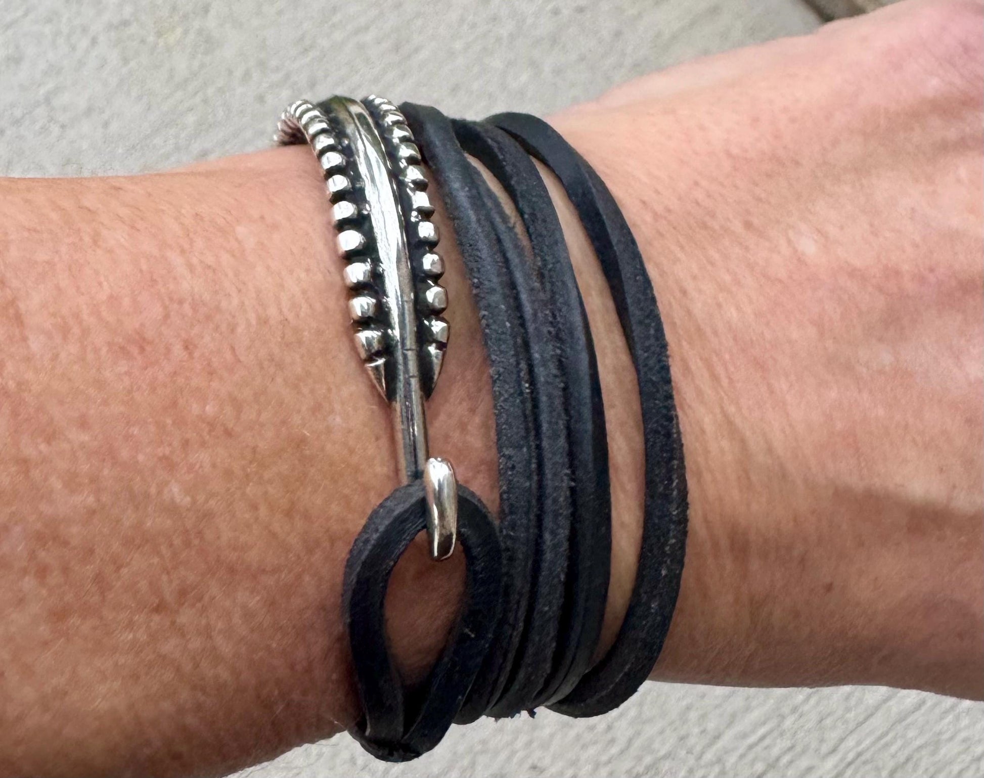 Square leather wrap bracelet with silver cuff, dark brown or black leather