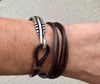 Square leather wrap bracelet with silver cuff, dark brown or black leather