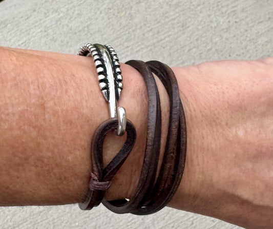 Square leather wrap bracelet with silver cuff, dark brown or black leather