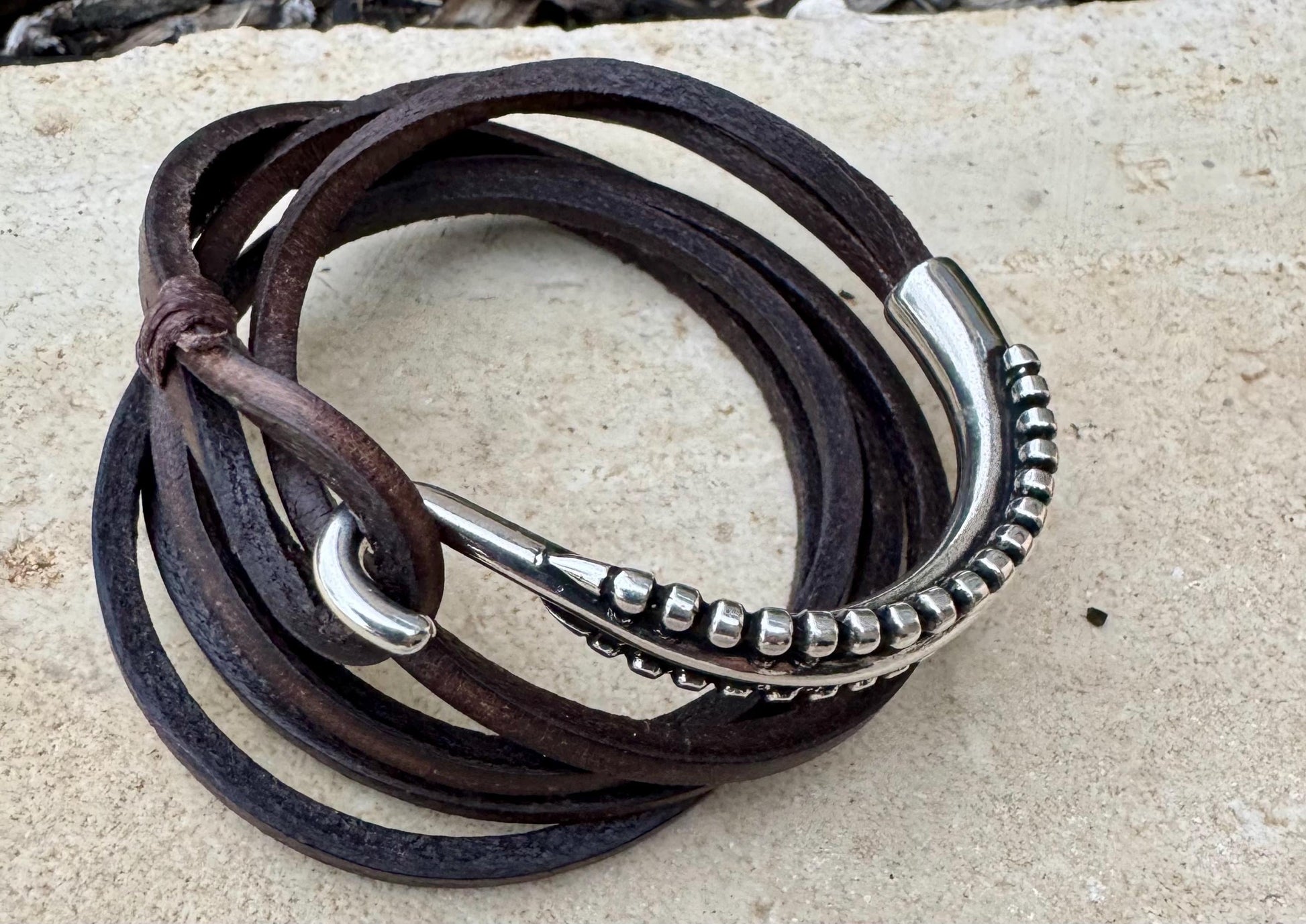 Square leather wrap bracelet with silver cuff, dark brown or black leather