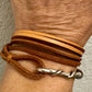 Square leather wrap bracelet with silver cuff, saddle or dark brown