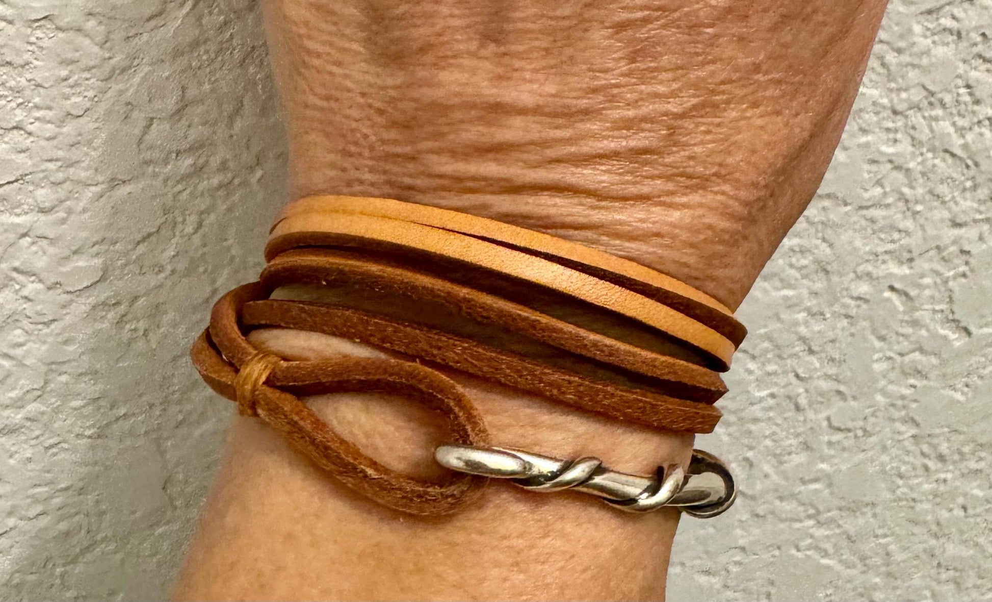 Square leather wrap bracelet with silver cuff, saddle or dark brown
