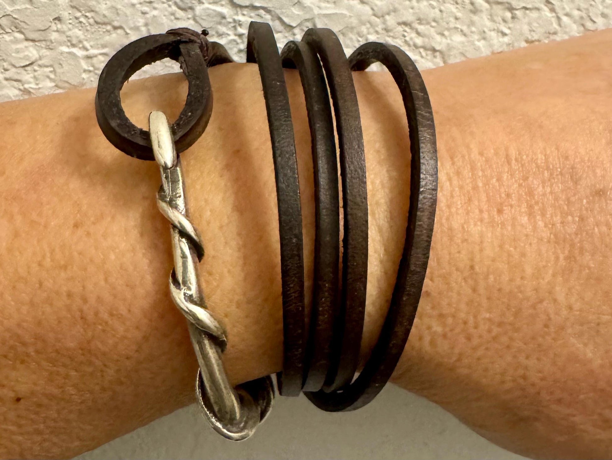 Square leather wrap bracelet with silver cuff, saddle or dark brown