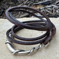 Square leather wrap bracelet with silver cuff, saddle or dark brown