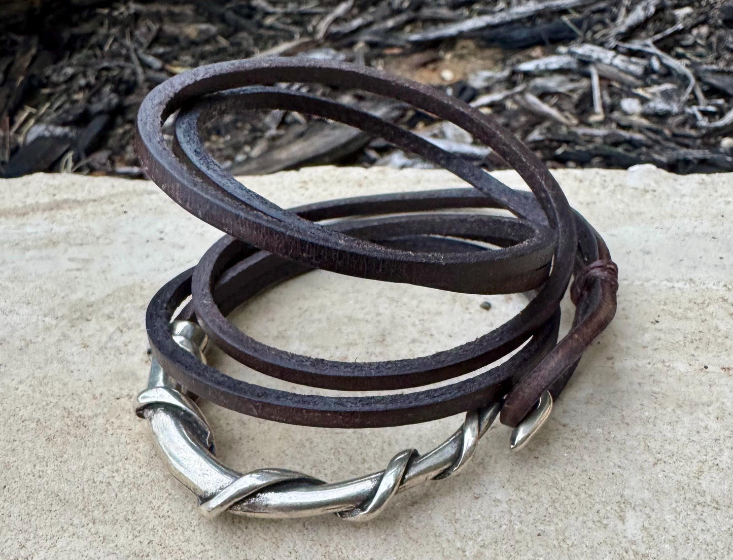 Square leather wrap bracelet with silver cuff, saddle or dark brown