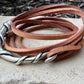 Square leather wrap bracelet with silver cuff, saddle or dark brown