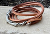 Square leather wrap bracelet with silver cuff, saddle or dark brown