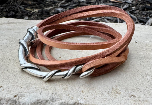 Square leather wrap bracelet with silver cuff, saddle or dark brown