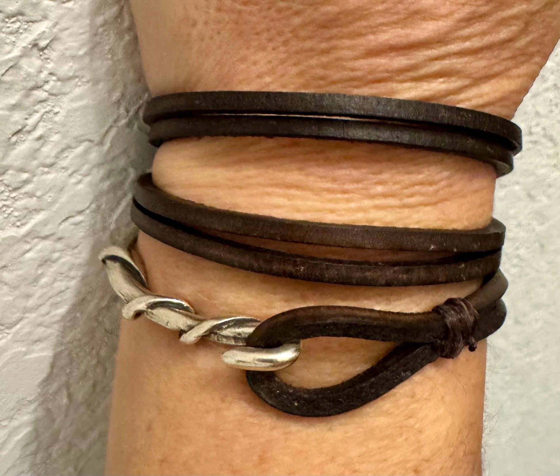 Square leather wrap bracelet with silver cuff, saddle or dark brown