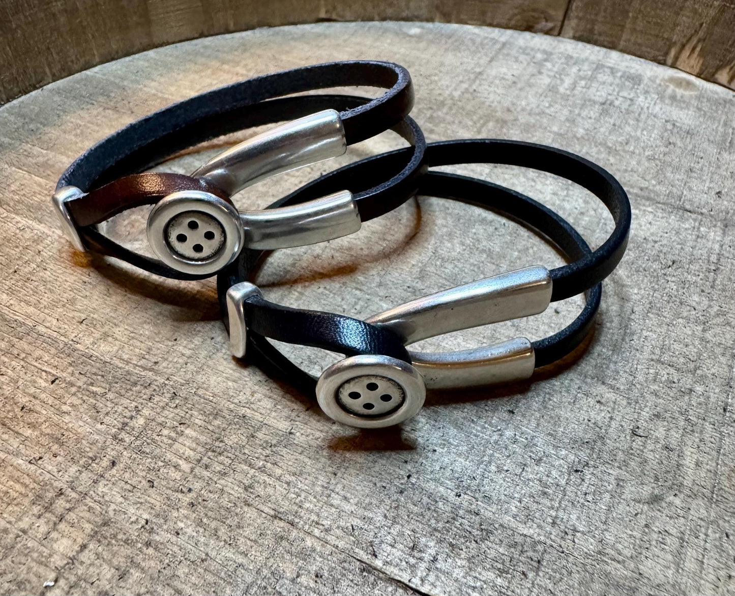 Wrap Leather Bracelet, Button Silver Half Cuff, Black Leather Bracelet, Coraline Bracelet, Gift Idea