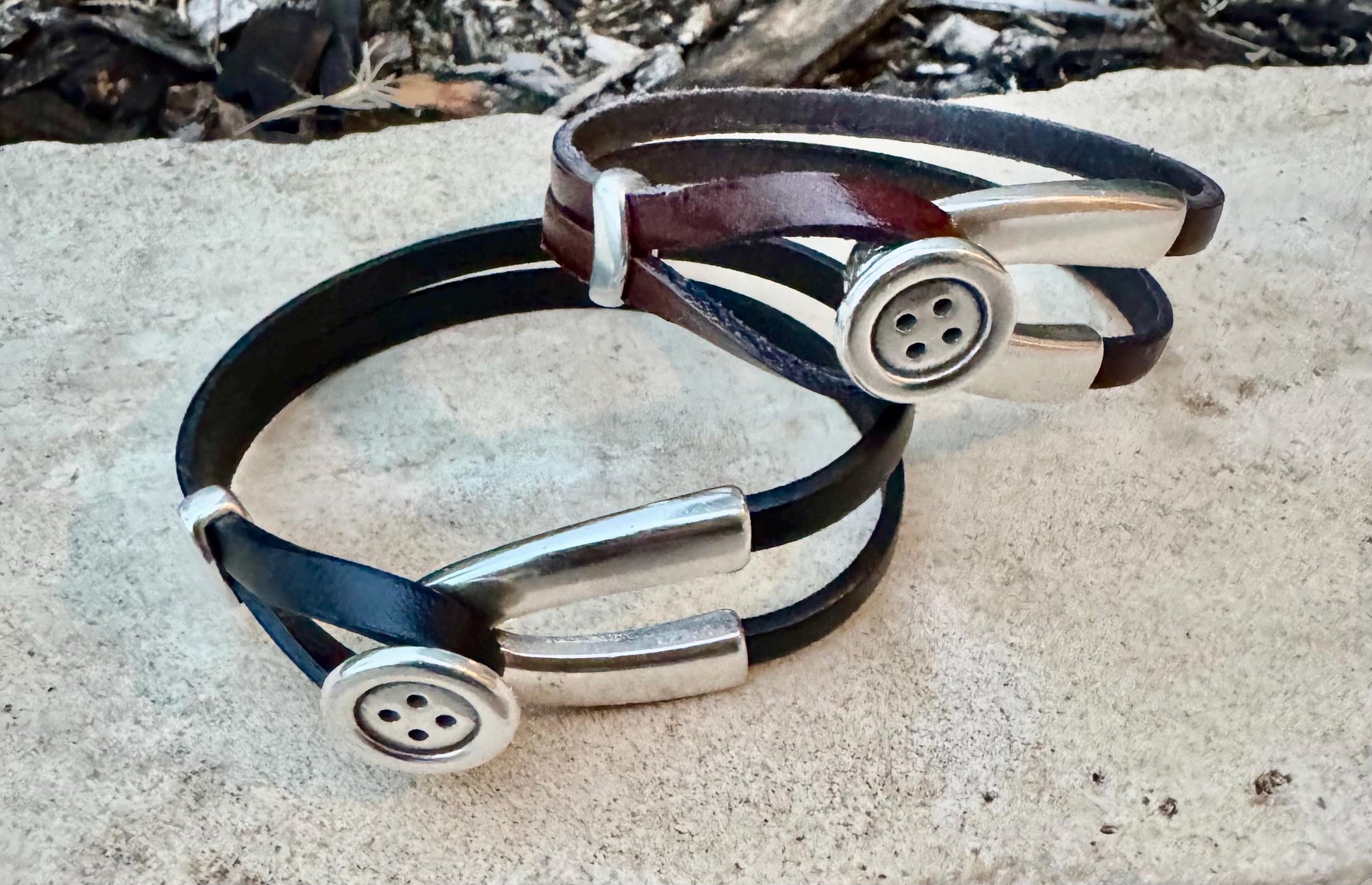 Wrap Leather Bracelet, Button Silver Half Cuff, Black Leather Bracelet, Coraline Bracelet, Gift Idea