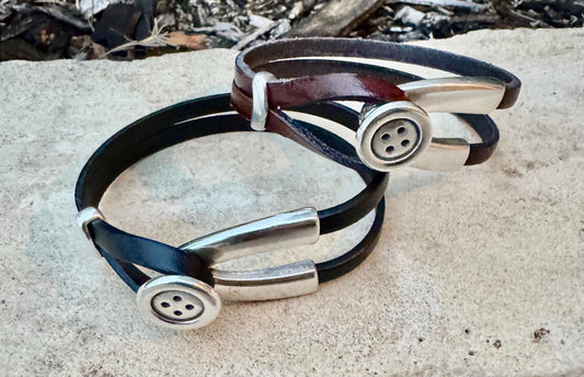 Wrap Leather Bracelet, Button Silver Half Cuff, Black Leather Bracelet, Coraline Bracelet, Gift Idea
