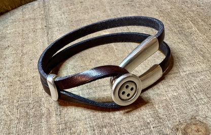 Wrap Leather Bracelet, Button Silver Half Cuff, Black Leather Bracelet, Coraline Bracelet, Gift Idea