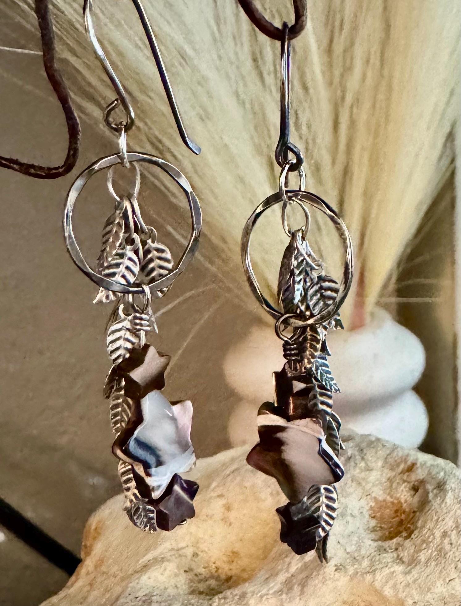 Mother of pearl star gemstone dangle earrings with circle and leaf chain