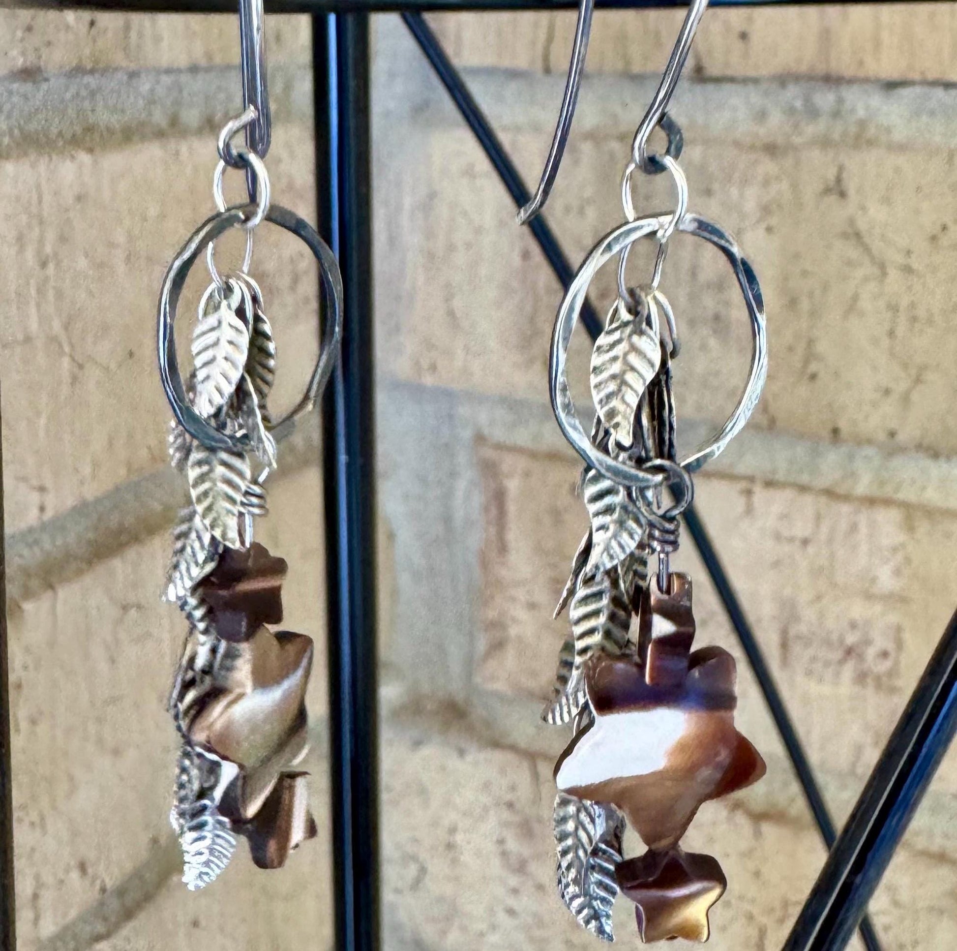 Mother of pearl star gemstone dangle earrings with circle and leaf chain