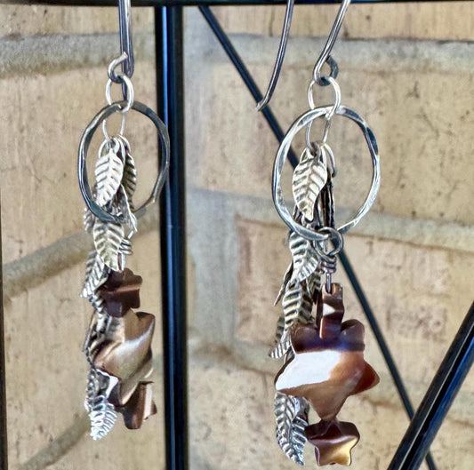 Mother of pearl star gemstone dangle earrings with circle and leaf chain