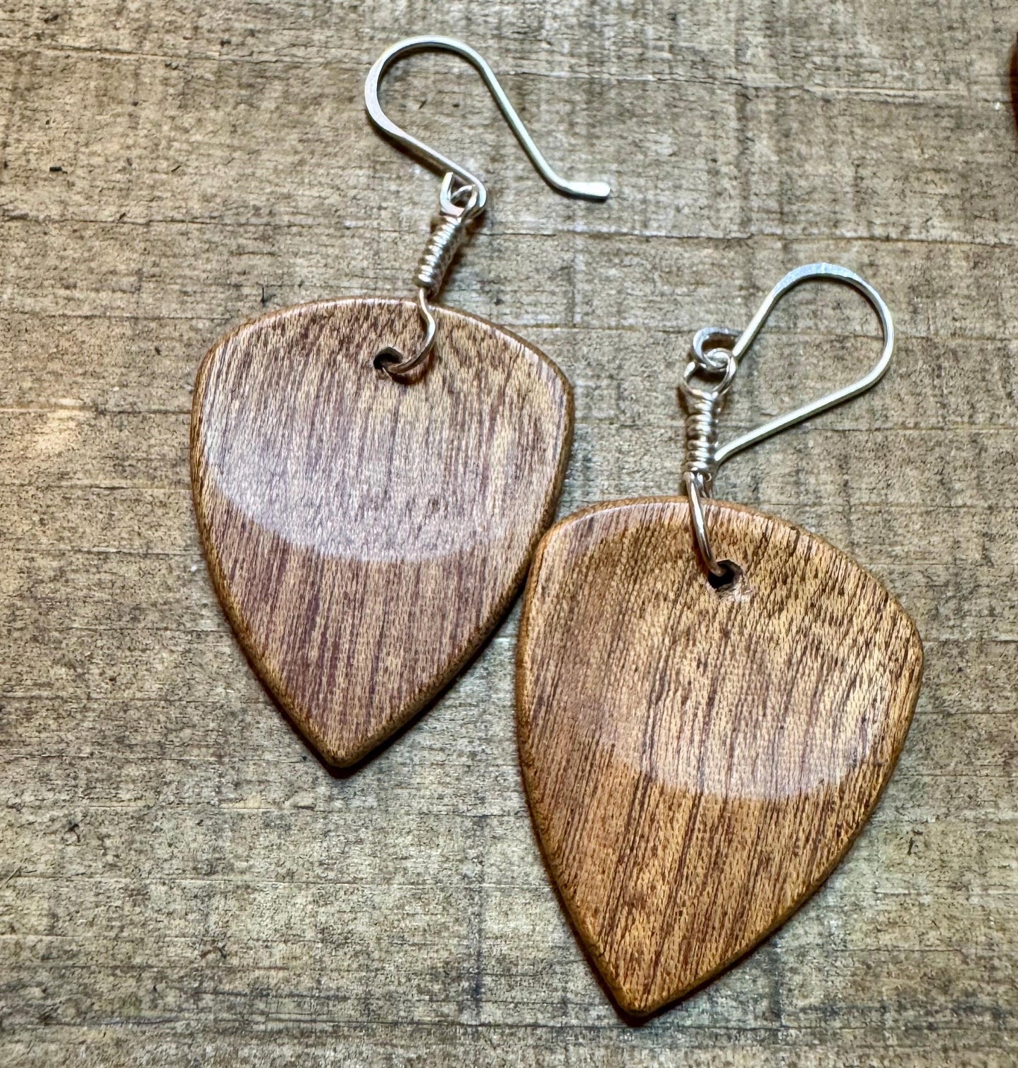 Guitar pick earrings wood with sterling silver wiring